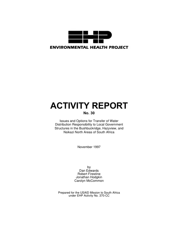 Issues and options for transfer of water distribution responsibility to local government structures in the Bushbuckridge, Hazyview, and Nsikazi North Areas of South Africa