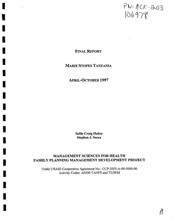 Final report of FPMD/MSH work with Marie Stopes Tanzania, April-October 1997