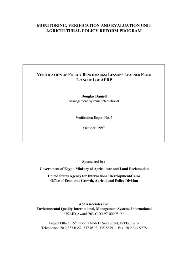 Verification of policy benchmarks : lessons learned from tranche I of APRP