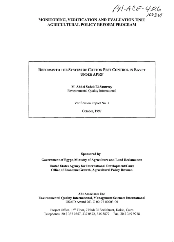 Reforms to the system of cotton pest control in Egypt under APRP