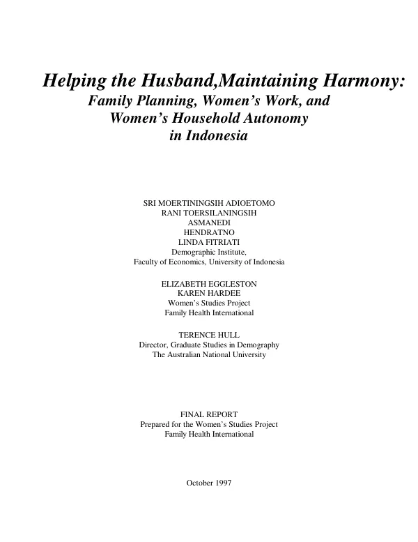 Helping the husband, maintaining harmony : family planning, women"s work, and women"s household autonomy in Indonesia
