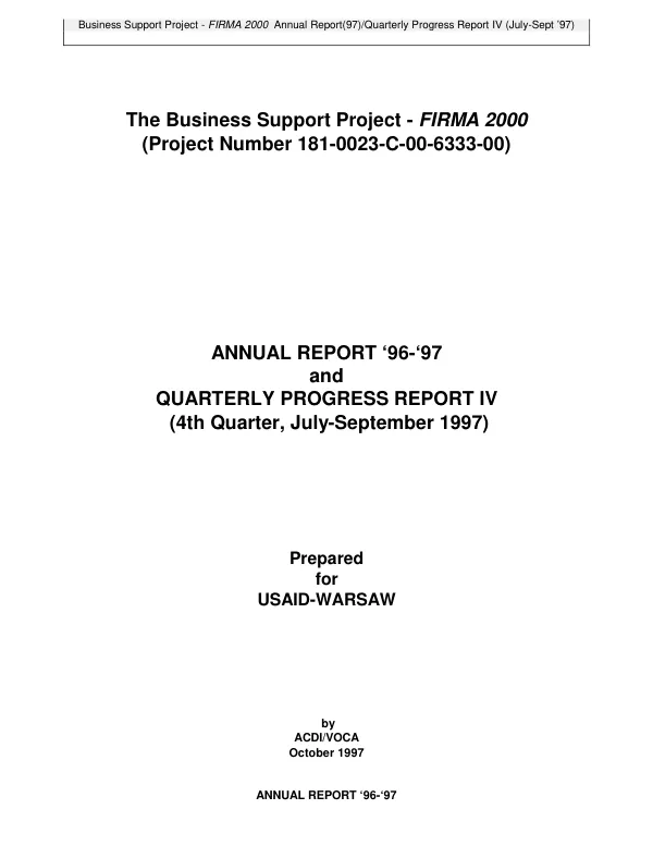 Business support project -- FIRMA 2000 (project number 181-0023-C-00-6333-00) : annual report 96-97 and quarterly progress report IV (4th quarter, July-September 1997)