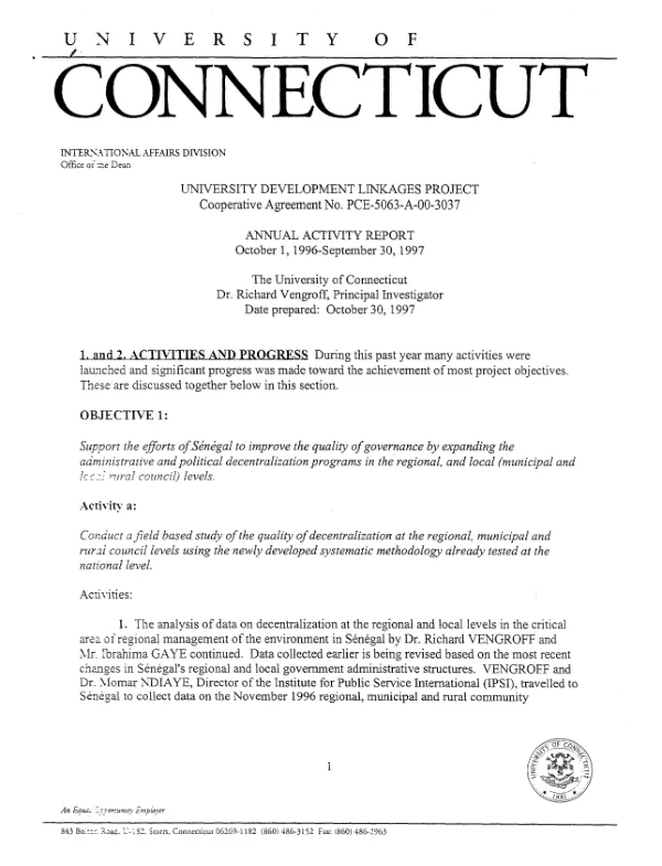 University of Connecticut : university development linkages project -- cooperative agreement no. PCE-5063-A-00-3037-00 : annual activity report -- October 1, 1996-September 30, 1997