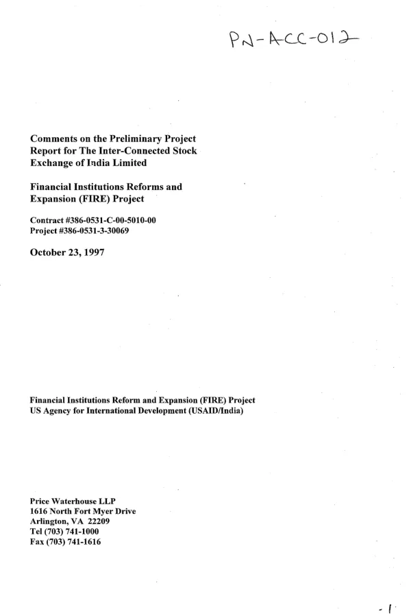 Comments on the preliminary project report for the Inter-Connected Stock Exchange of India Limited