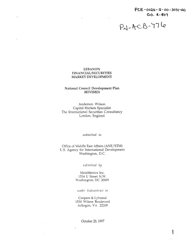 Lebanon financial/securities market development : national council development plan (revised)