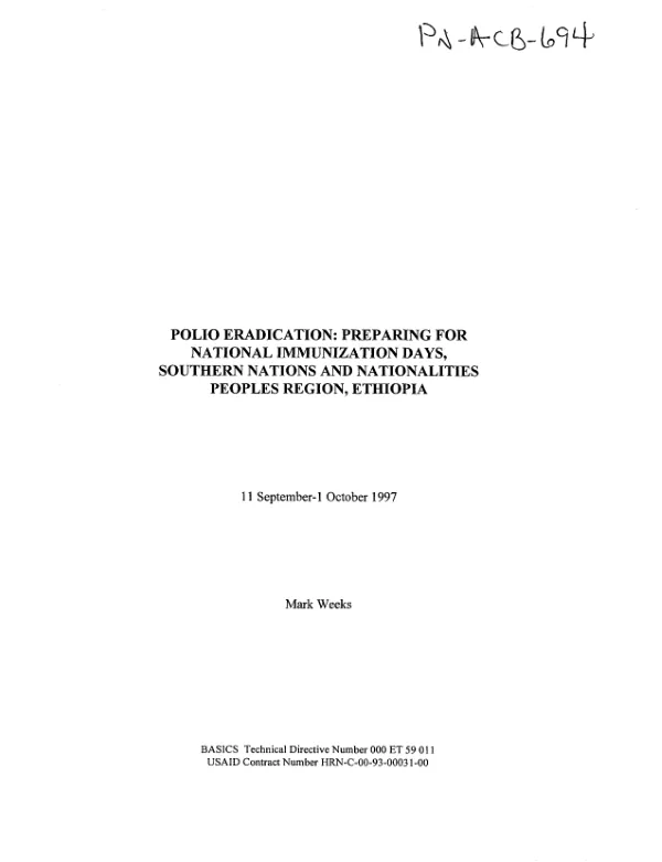 Polio eradication : preparing for national immunization days, Southern Nations and Nationalities Peoples Region, Ethiopia -- 11 September-1 October 1997
