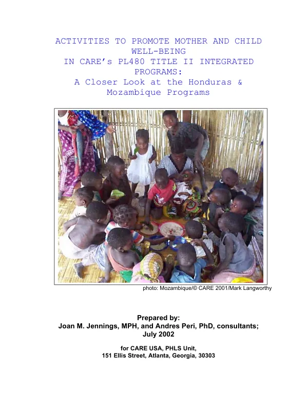 Activities to promote mother and child well-being in CARE's PL480 Title II integrated programs : a closer look at the Honduras & Mozambique programs
