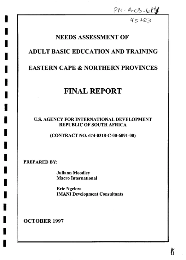Needs assessment of adult basic education and training : Eastern Cape and northern provinces [South Africa] -- final report