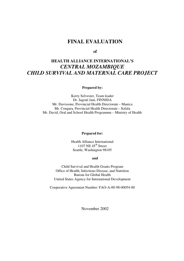 Final evaluation of Health Alliance International's Central Mozambique child survival and maternal care project [: Manica and Sofala Provinces, Mozambique]