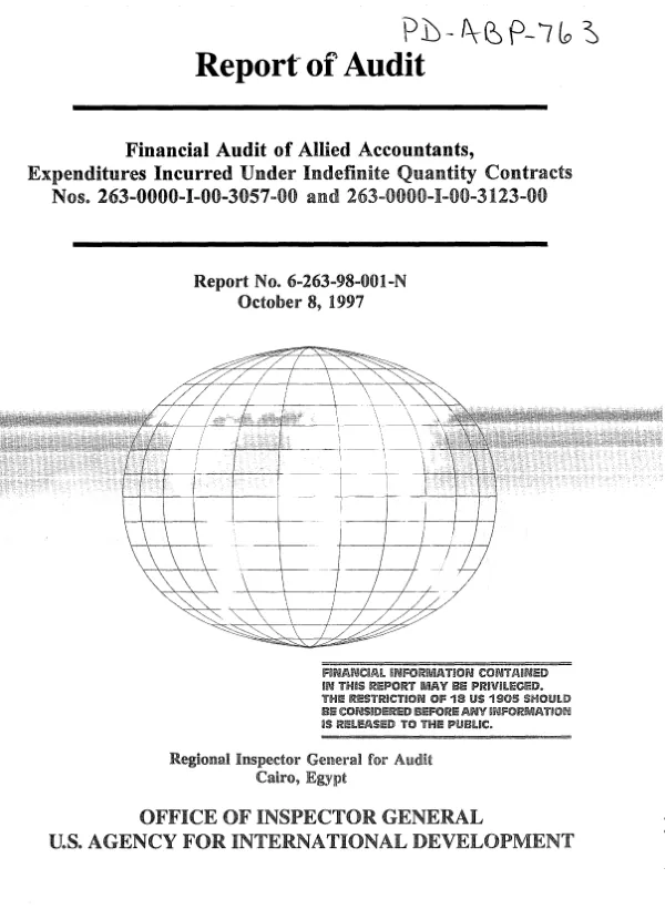 Financial audit of Allied Accountants, expenditures incurred under indefinite quantity contracts nos. 263-0000-I-00-3057-00 and 263-0000-I-00-3123-00
