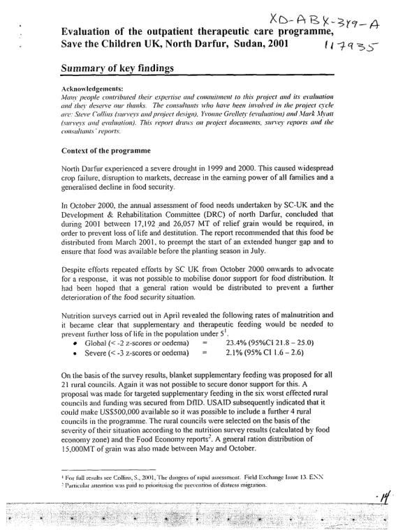 Evaluation of the outpatient therapeutic care programme : Save the Children UK, North Darfur, Sudan, 2001