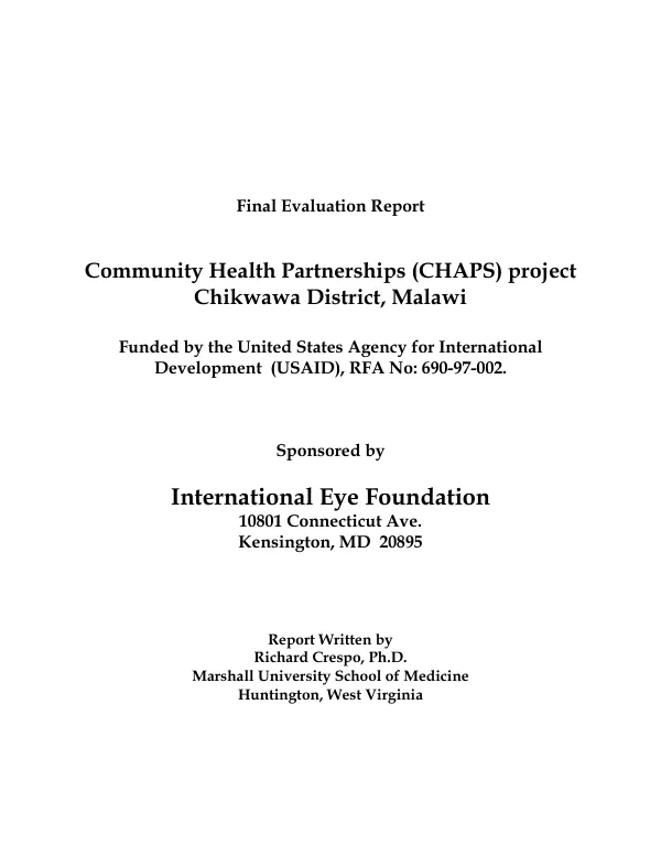 Final evaluation report : community health partnerships (CHAPS) project, Chikwawa District, Malawi