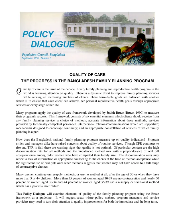 Quality of care : the progress in the Bangladesh family planning program