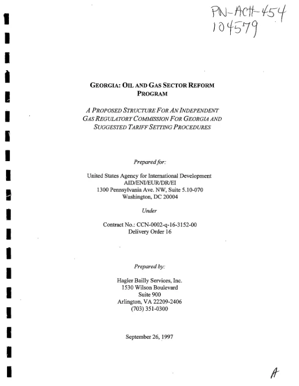 Georgia : oil and gas sector reform program -- a proposed structure for an independent gas regulatory commission for Georgia and suggested tariff setting procedures
