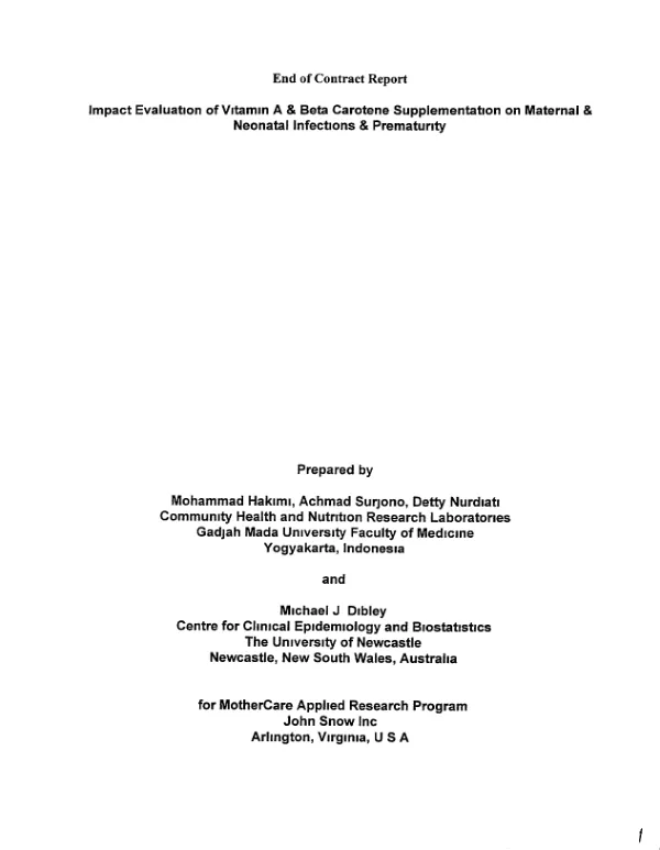 End of contract report : impact evaluation of vitamin A and beta carotene supplementation on maternal and neonatal infections and prematurity
