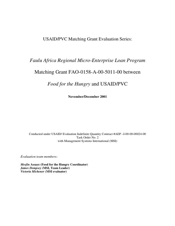 Faulu Africa regional micro-enterprise loan program : matching grant FAO-0158-A-00-5011-00 between Food for the Hungry and USAID/PVC