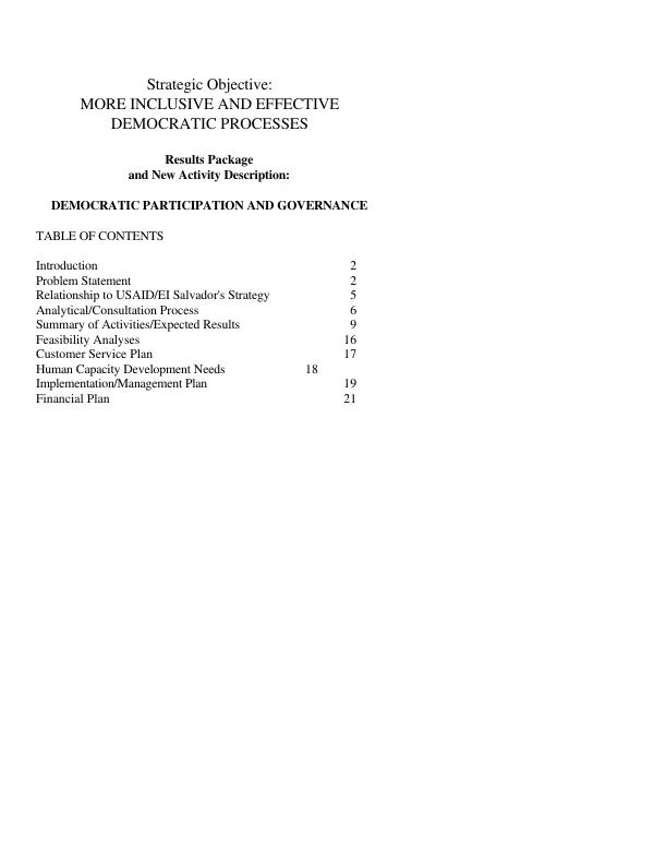 Strategic objective : more inclusive and effective democratic processes -- results package and new activity description : democratic participation and governance