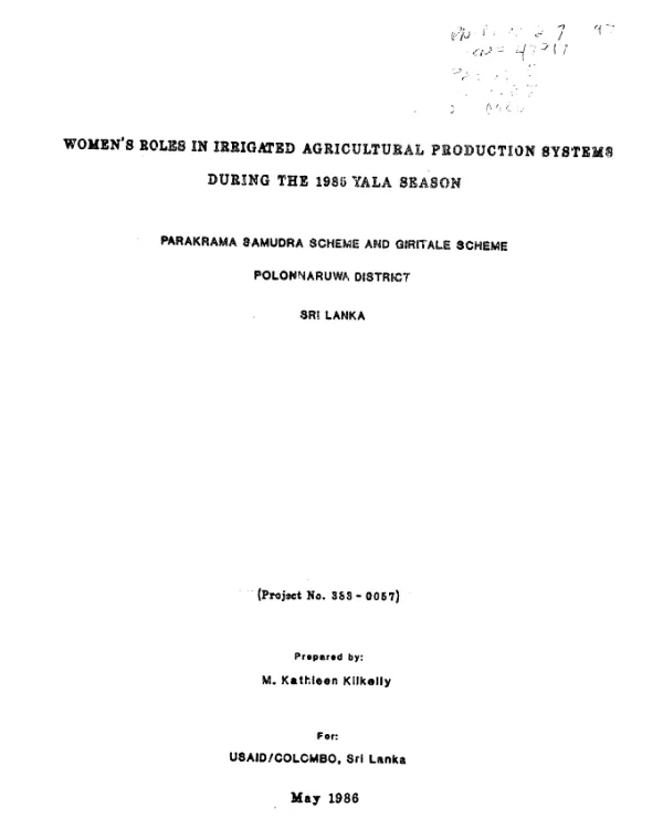 Women"s roles in irrigated agricultural production systems during the 1985 yala season : Parakrama Samudra scheme and Giritale scheme, Polonnaruwa District, Sri Lanka