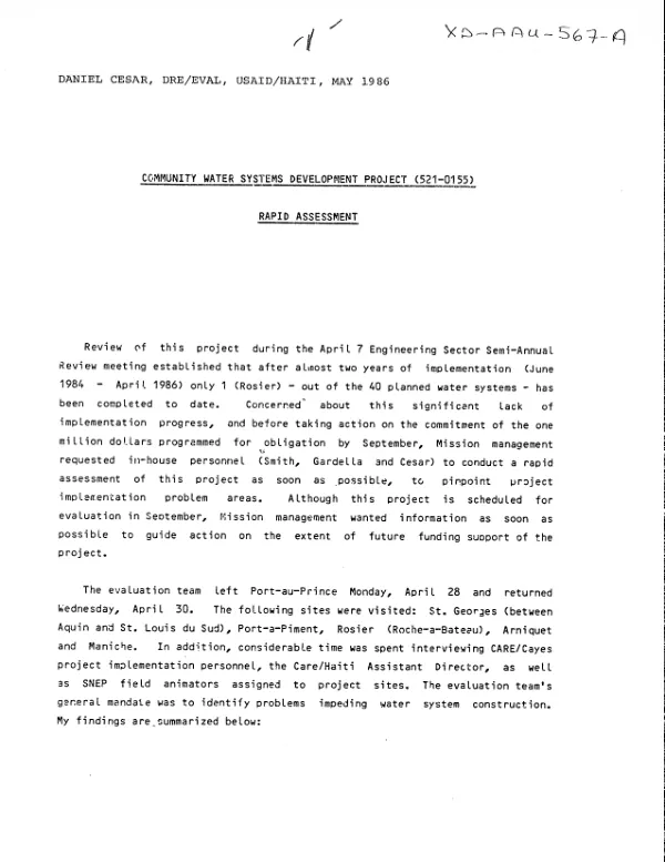 Community water systems development project (521-0155) : rapid assessment