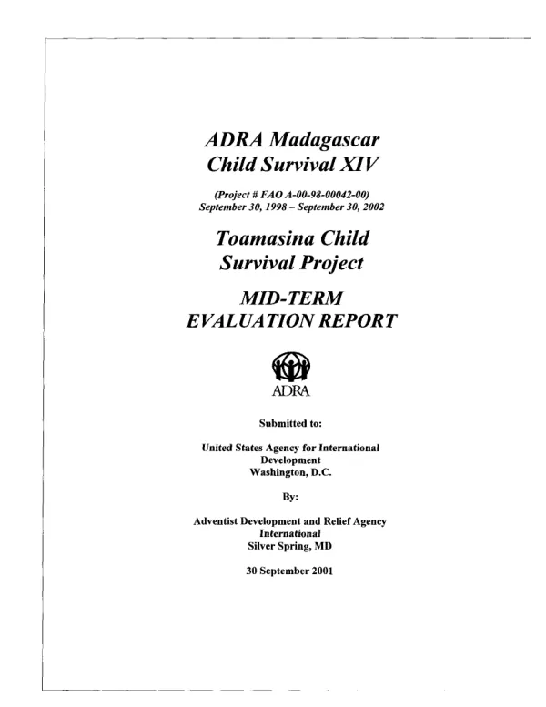 ADRA Madagascar child survival XIV : Toamasina child survival project -- mid-term evaluation report : Toamasina II District, Toamasina Province, Madagascar