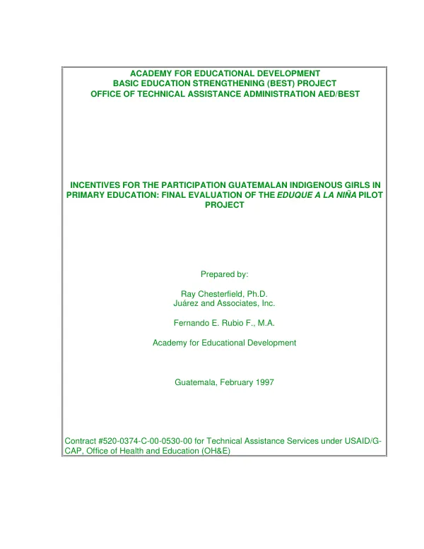 Incentives for the participation [of] Guatemalan indigenous girls in primary education : final evaluation of the Eduque a la Nina pilot project