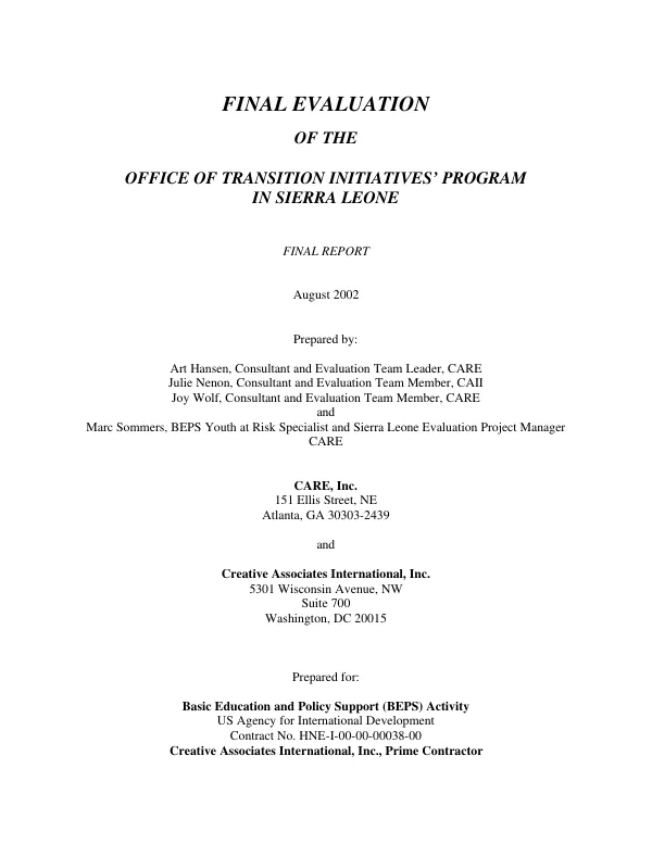 Final evaluation of the Office of Transition Initiatives' program in Sierra Leone : final report