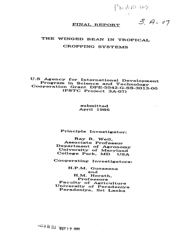 Final report : the winged bean in tropical cropping systems