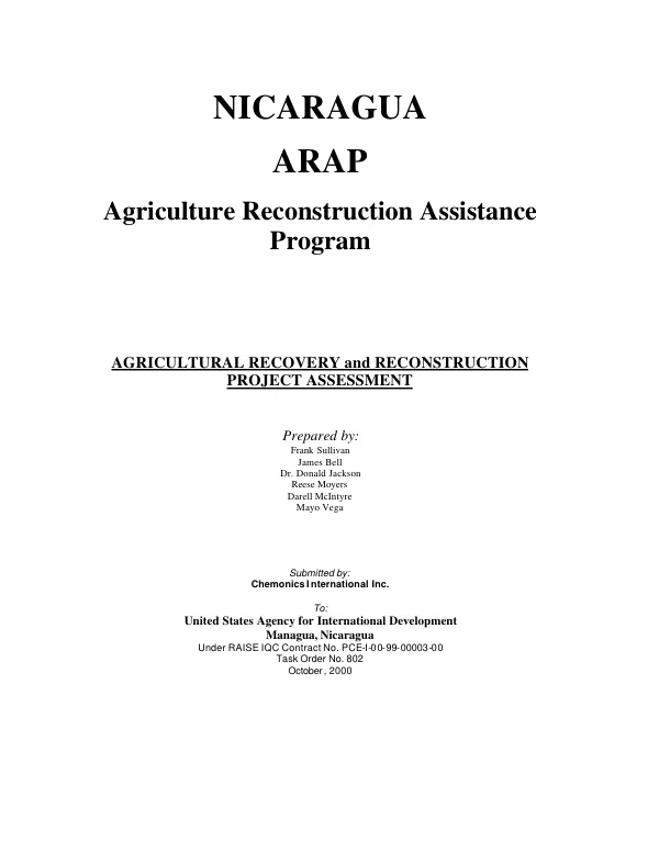 Nicaragua ARAP, agriculture reconstruction assistance program : agricultural recovery and reconstruction project assessment