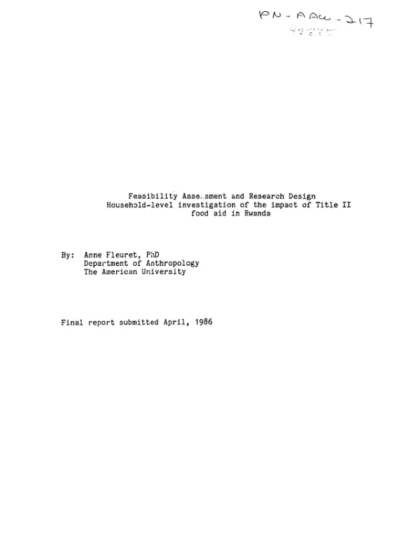 Feasibility assessment and research design : household-level investigation of the impact of Title II food aid in Rwanda