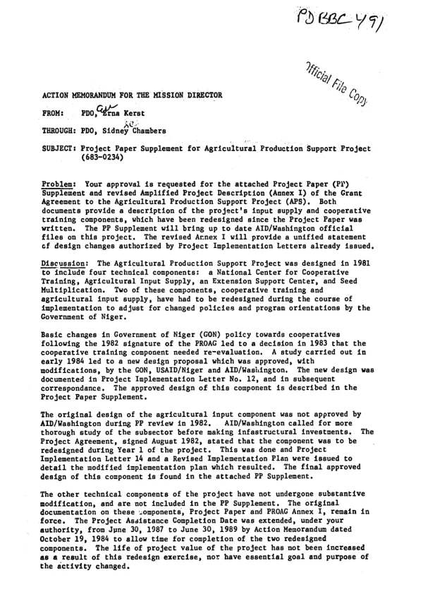 Project paper supplement for agricultural production support project