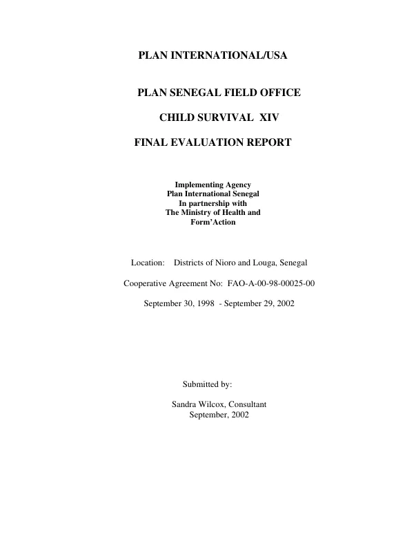 PLAN Senegal Field Office : child survival XIV, Districts of Nioro and Louaga, Senegal -- final evaluation report