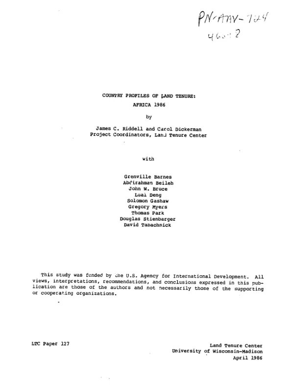 Country profiles of land tenure : Africa 1986