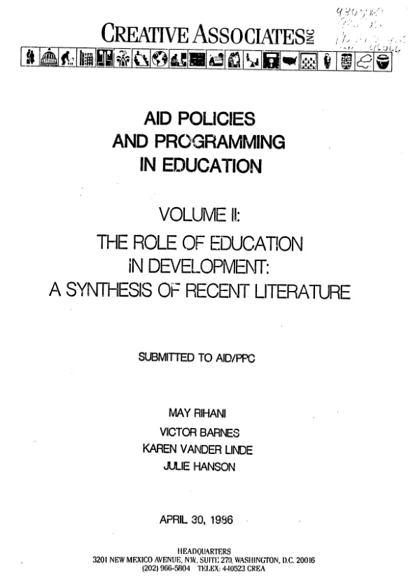 AID policies and programming in education, v. 2 : role of education in development -- a synthesis of recent literature