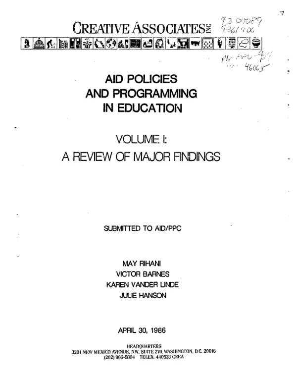 AID policies and programming in education, v. 1 : a review of major findings