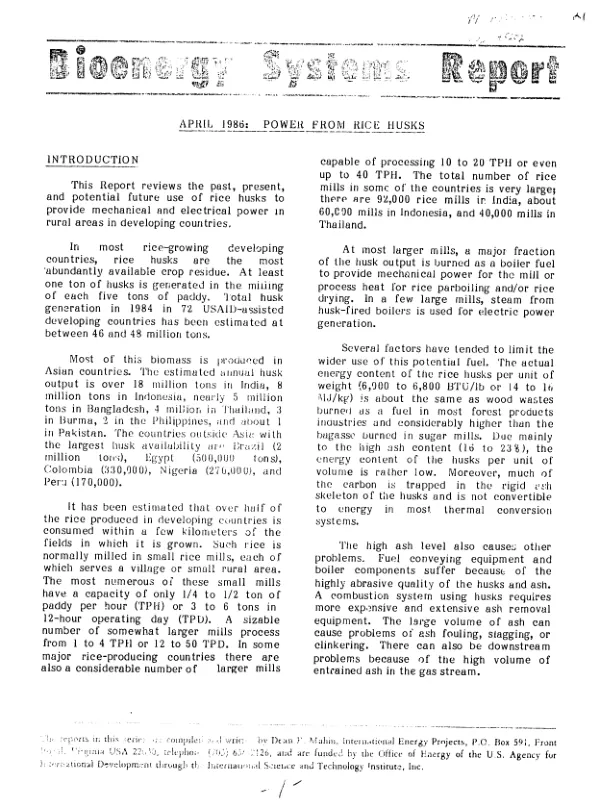 April 1986 : power from rice husks