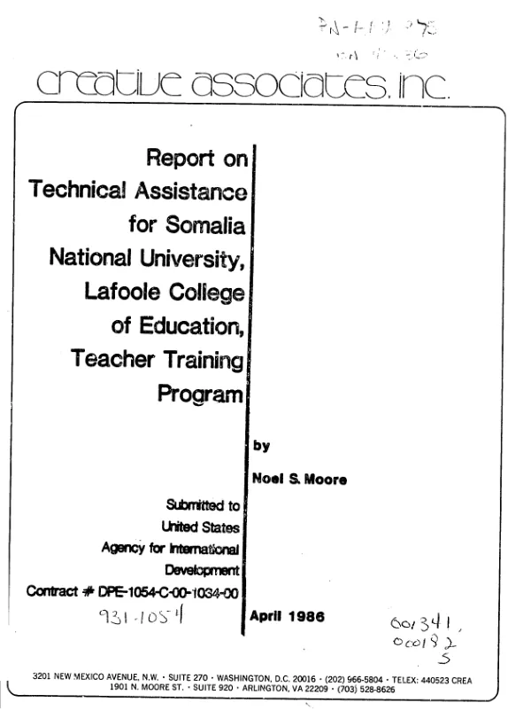 Report on technical assistance for Somalia National University, Lafoole College of Education, Teacher Training Program