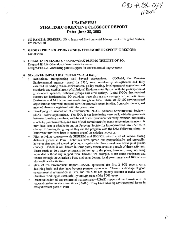 USAID/Peru strategic objective closeout report : improved environmental management in targeted sectors, FY 1997-2001 (SO 527-004)