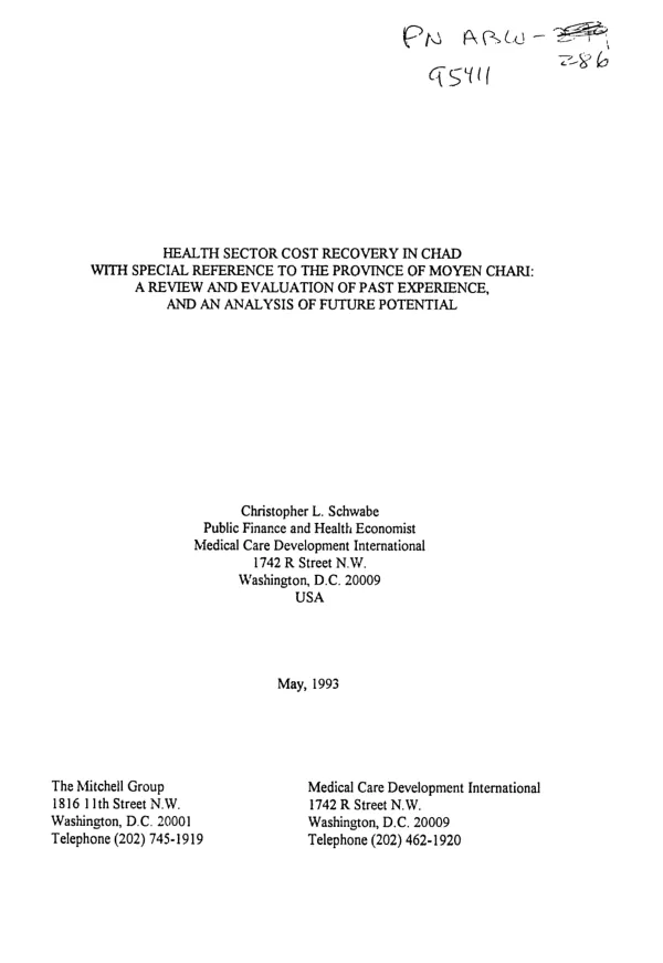 Health sector cost recovery in Chad with special reference to the Province of Moyen Chari : a review and evaluation of past experience, and an analysis of future potential