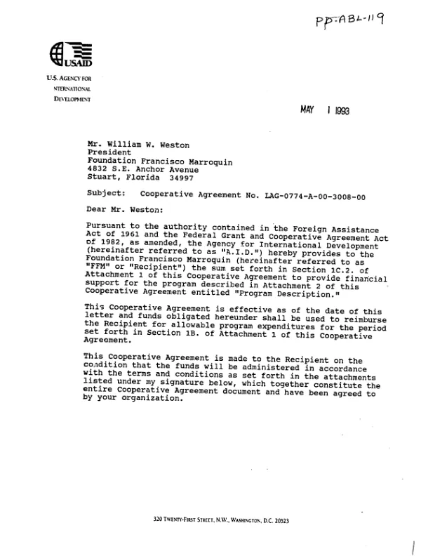AID cooperative grant agreement no. LAG-0774-A-00-3008-00 to the Foundation Francisco Marroquin (FFM) to improve economic policy analysis and implementation in El Salvador