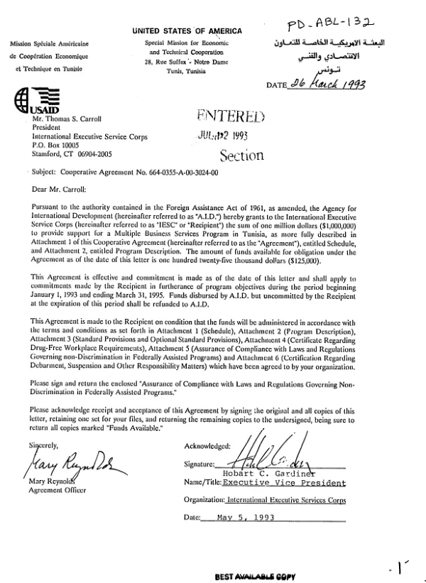 AID cooperative agreement no. 664-0355-A-00-3024-00 with the International Executive Service Corps (IECS) for the multiple business services program