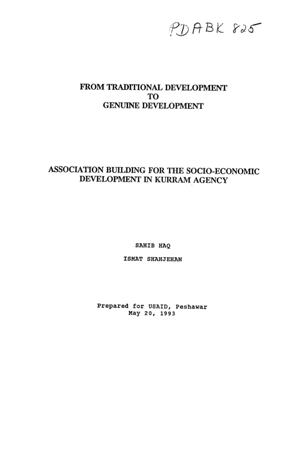 From traditional development to genuine development : association building for the socio-economic development in Kurram Agency