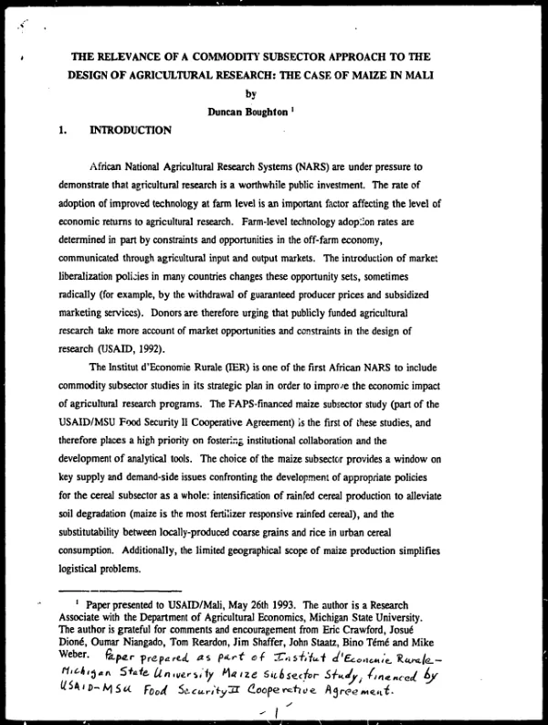 Relevance of a commodity subsector approach to the design of agricultural research : the case of maize in Mali