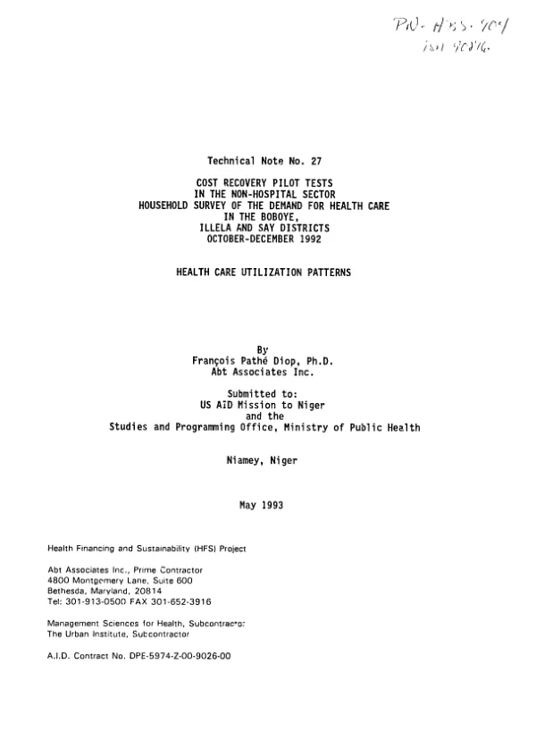 Cost recovery pilot tests in the non-hospital sector : household survey of the demand for health care in the Boboye, Illela and Say Districts, October-December 1992 -- health care utilization patterns