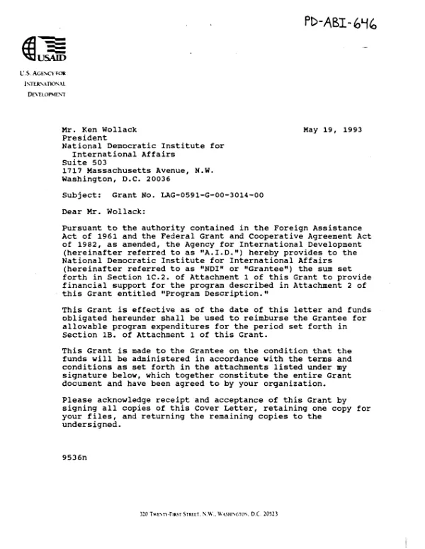 AID grant no. LAG-0591-G-00-3014-00 to the National Democratic Institute for International Affairs for the program entitled `Paraguay : election monitoring"