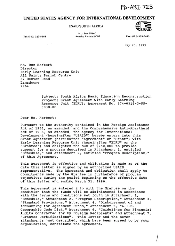 AID grant no 674-0314-G-SS-3038-00 to the Early Learning Resource Unit for a program of early childhood educare policy development and curriculum development