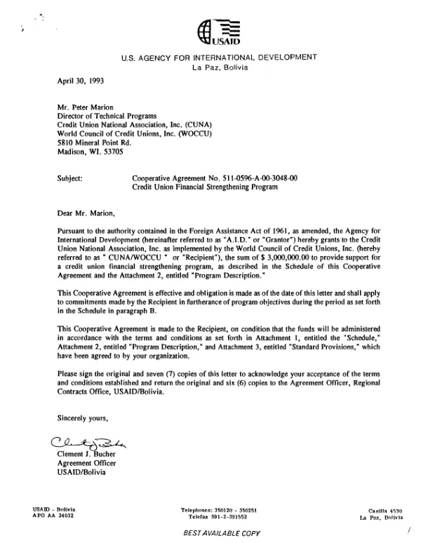 AID cooperative agreement no. 511-0596-A-00-3048-00 to the Credit Union National Association (CUNA)/World Council of Credit Unions, Inc. (WOCCU) to implement a credit union financial strengthening program in Bolivia