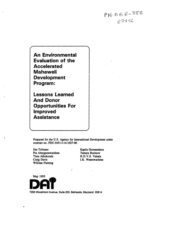 Environmental evaluation of accelerated Mahaweli development program : lessons learned and donor opportunities for improved assistance