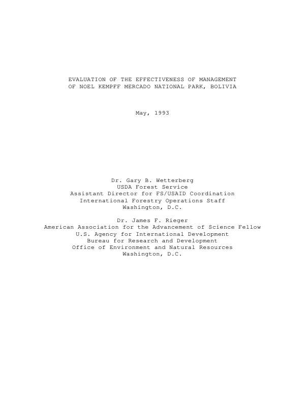 Evaluation of the effectiveness of management of Noel Kempff Mercado National Park, Bolivia