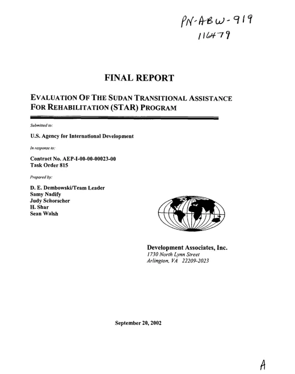Final report : evaluation of the Sudan transitional assistance for rehabilitation (STAR) program