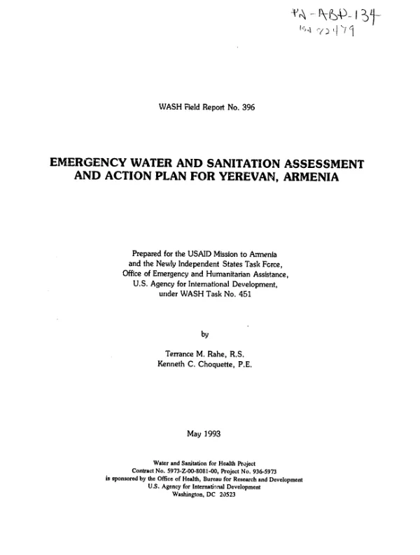 Emergency water and sanitation assessment and action plan for Yerevan, Armenia
